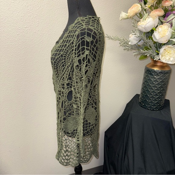 Cato Olive Green Crochet Knit Top Boho Sheer Long Sleeve Festival 14/16W - Picture 2 of 8